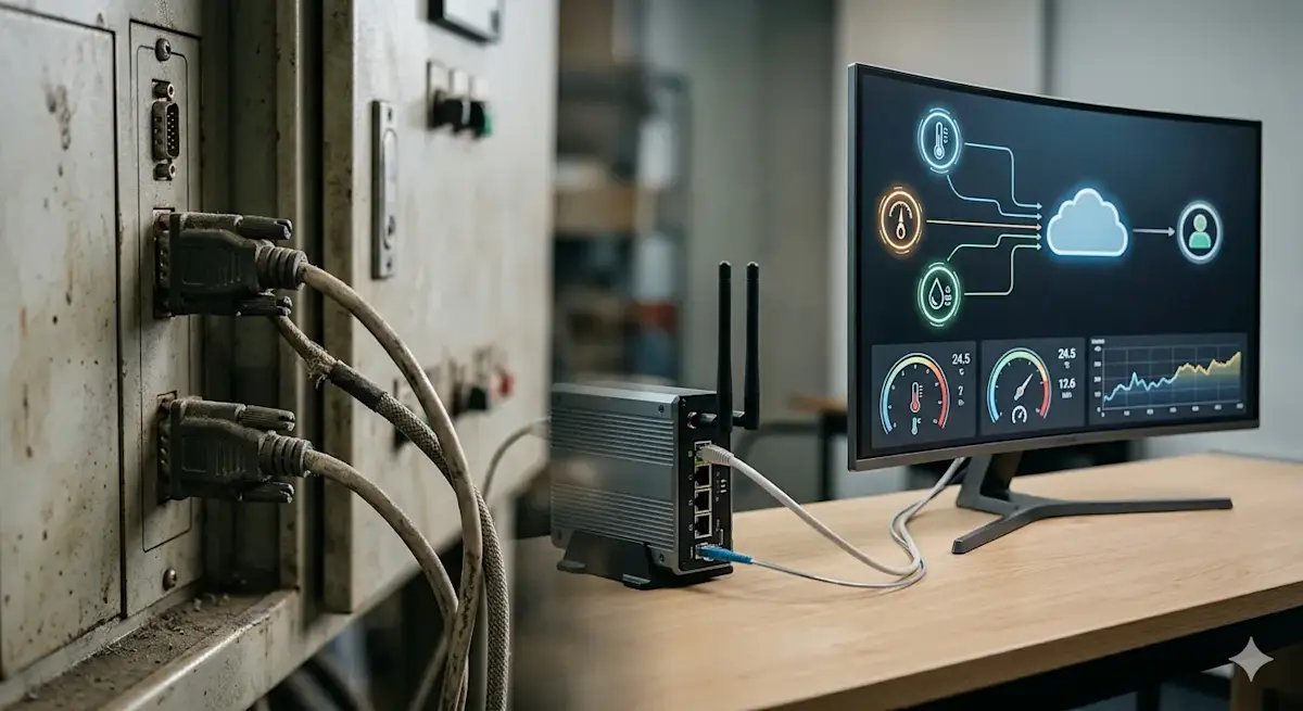 A pc, showing the IIOT summary road, connected to a modern connected to a device, apparently a database or a hardware device(maybe a big PLC)